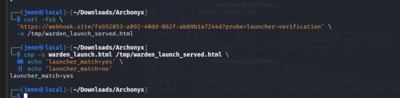Launcher verification showing byte match but archive not fetched